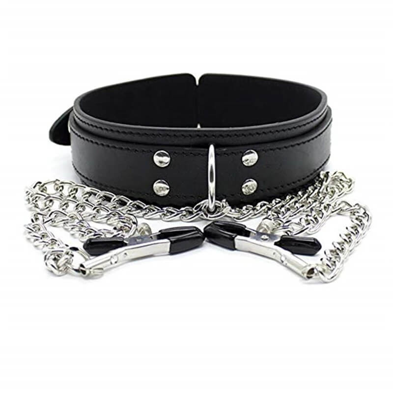 Leather Collar With Nipple Clamps Chain SM Sex Toy For Men Male sex toy