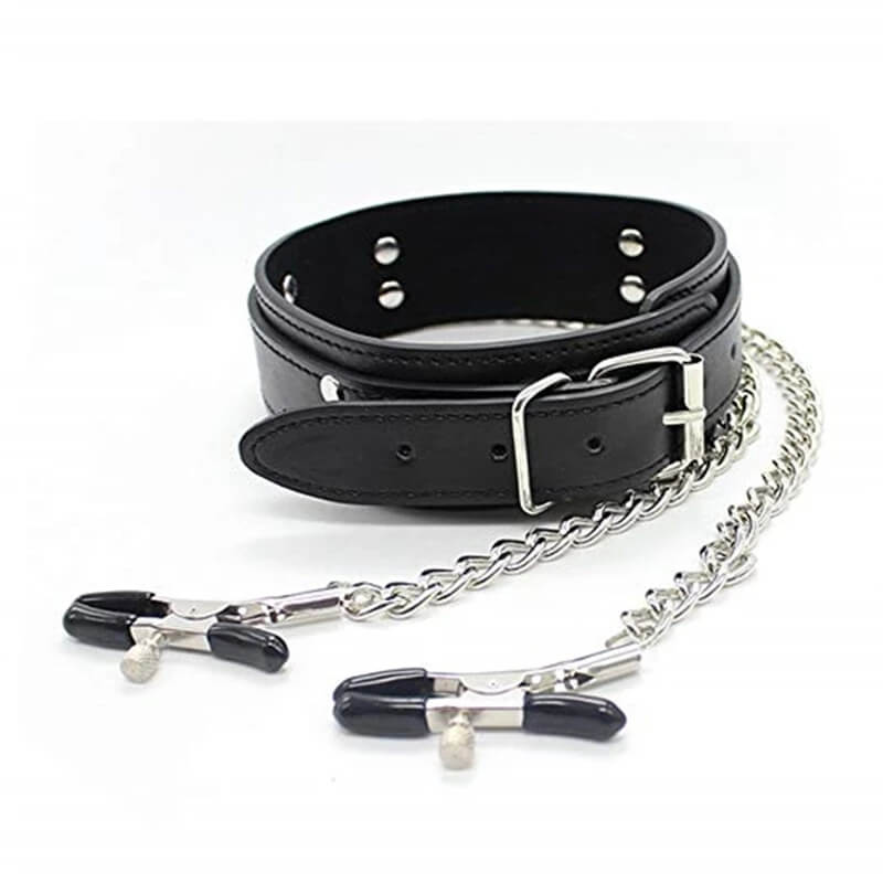 Leather Collar With Nipple Clamps Chain SM Sex Toy For Men Male sex toy