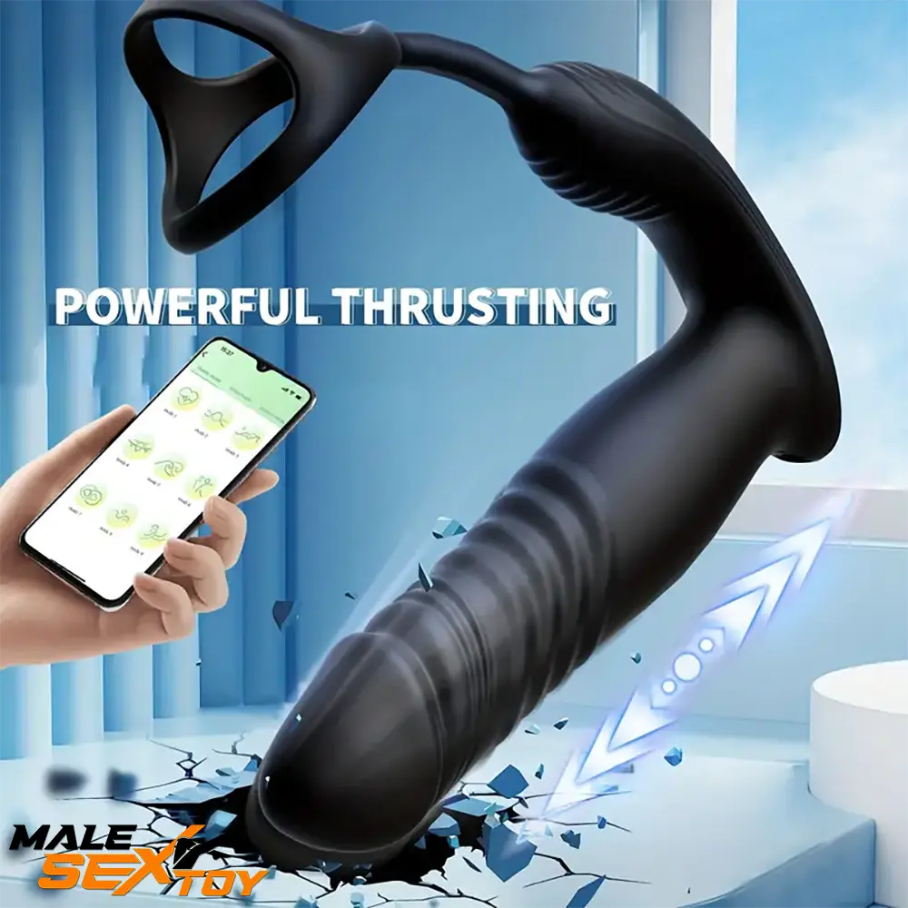 5.91in Black Auto Vibrating Thrusting APP Dildo With Cock Ring Male Sex Toy
