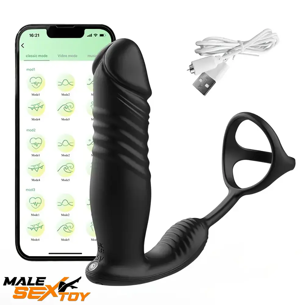 5.91in Black Auto Vibrating Thrusting APP Dildo With Cock Ring Male Sex Toy