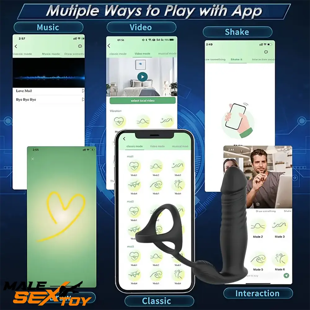 5.91in Black Auto Vibrating Thrusting APP Dildo With Cock Ring Male Sex Toy