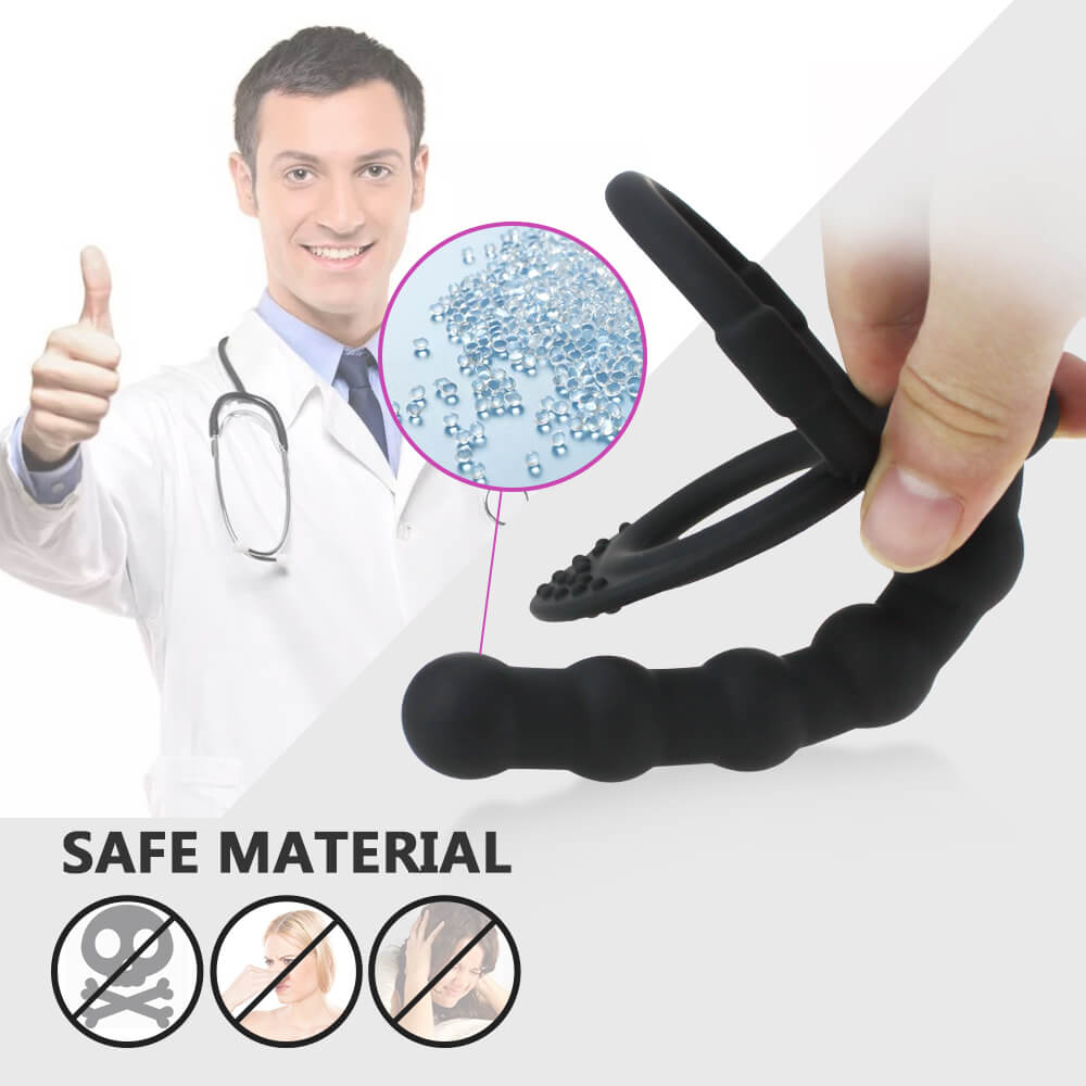 Black Double Cock Ring With Butt Plug Anal Sex Toy For Adults Male sex toy