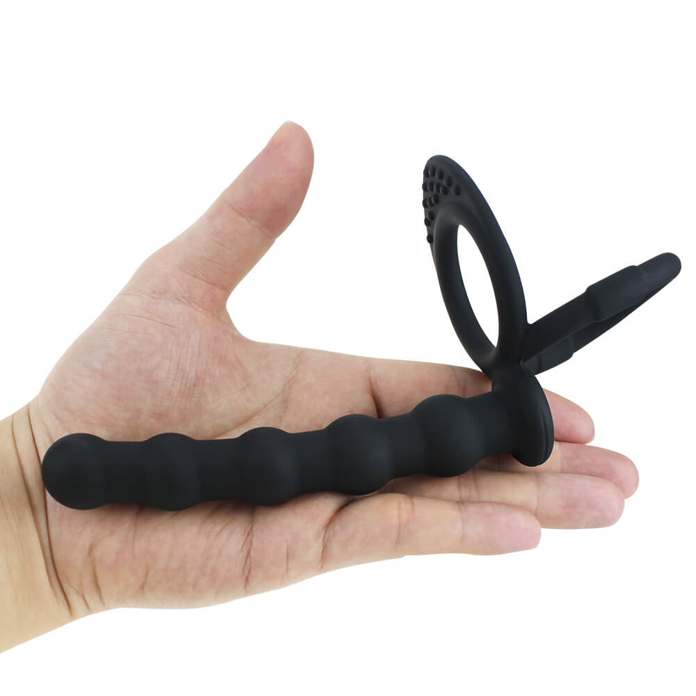 Black Double Cock Ring With Butt Plug Anal Sex Toy For Adults Male sex toy