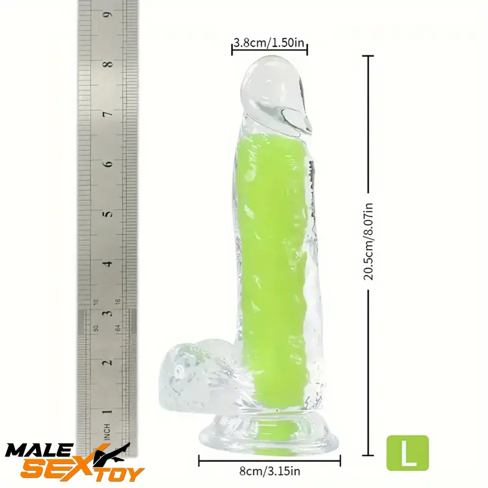 7.08in 8.07in TPE Double Layer Glow-in-the-dark Real Clear Cock Dildo Male Sex Toy