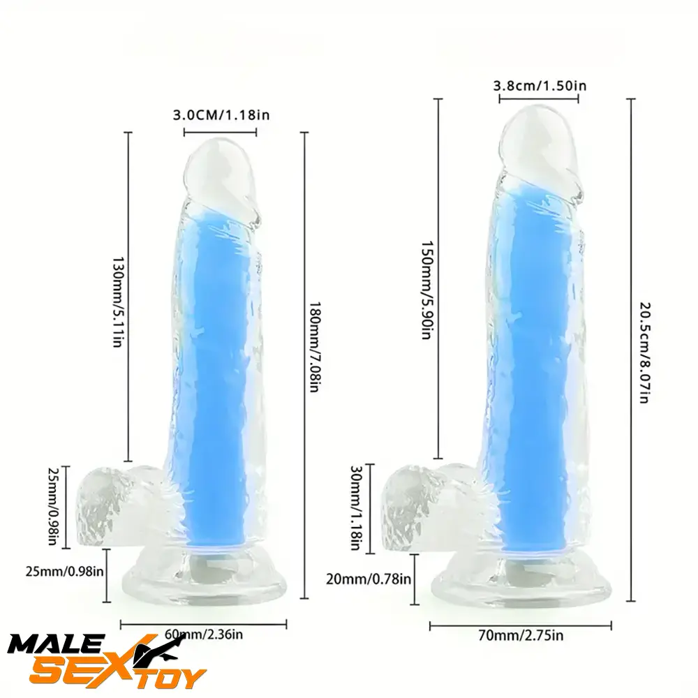 7.08in 8.07in TPE Double Layer Glow-in-the-dark Real Clear Cock Dildo Male Sex Toy