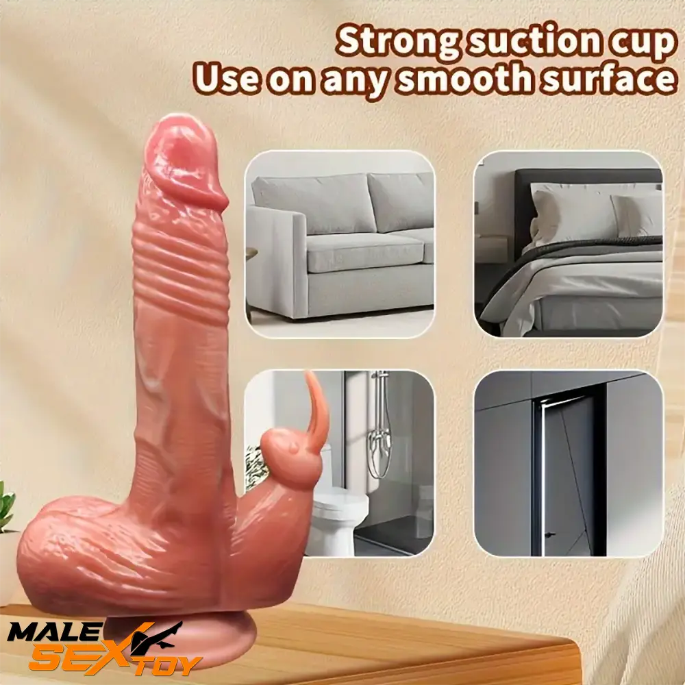 9.05in Rabbit Thrusting Tapping Heating Vibrating Silicone Soft Dildo Male Sex Toy