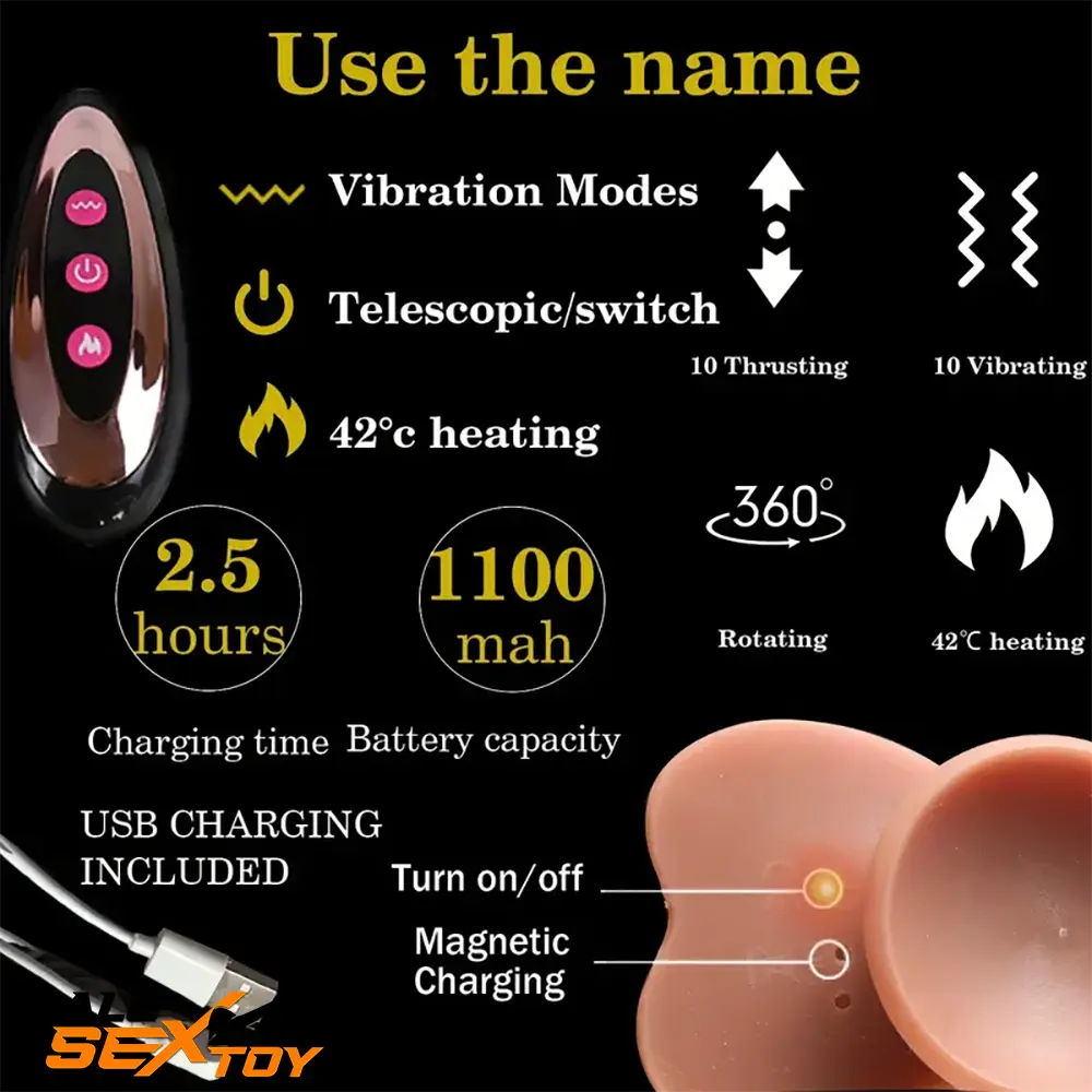 9in Ebony 4in1 Heating Thrusting Vibrating Rotation Remote Wireless Dildo Male Sex Toy