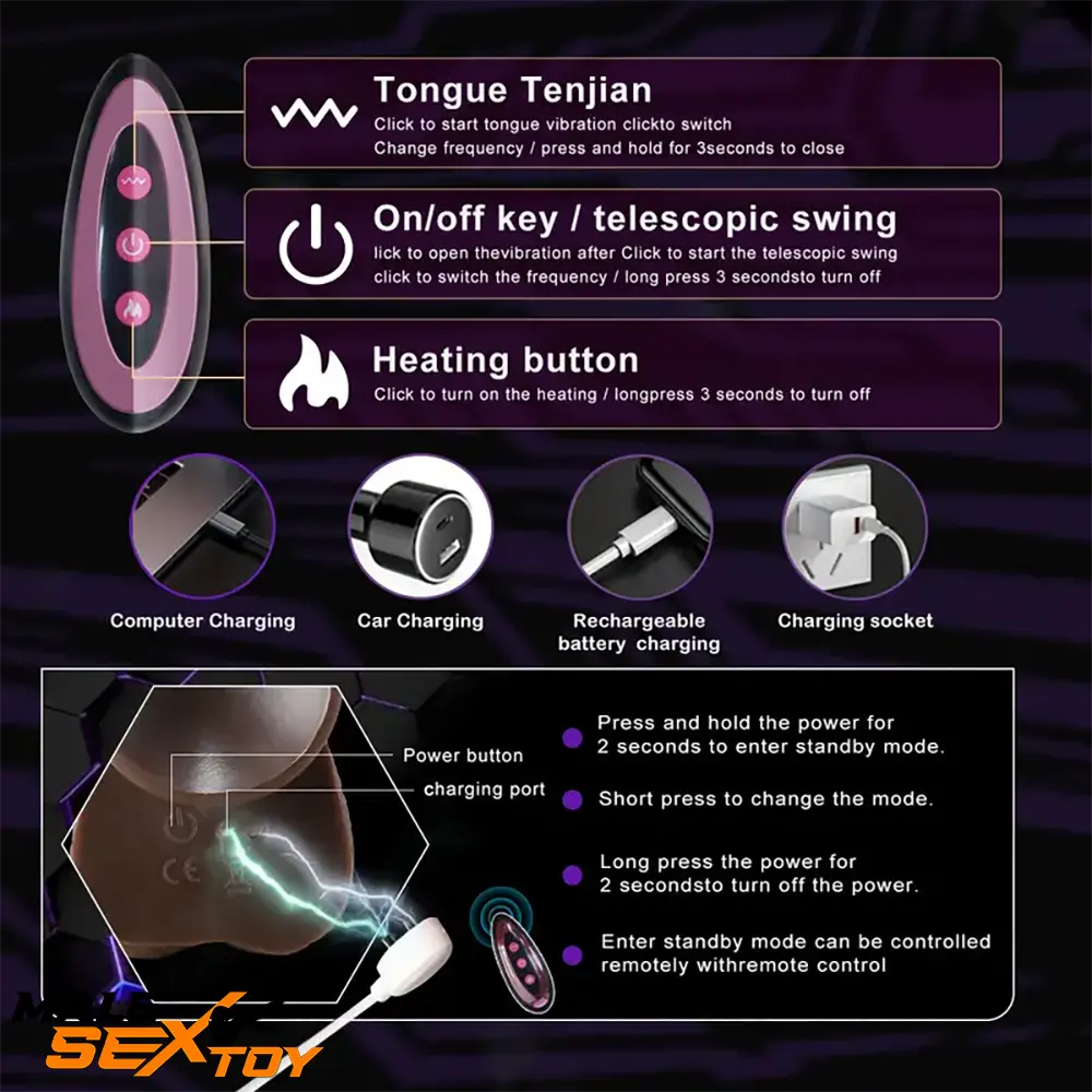 8.7in Ebony 4in1 Heating Thrusting Automatic Rotation Remote Dildo Male Sex Toy