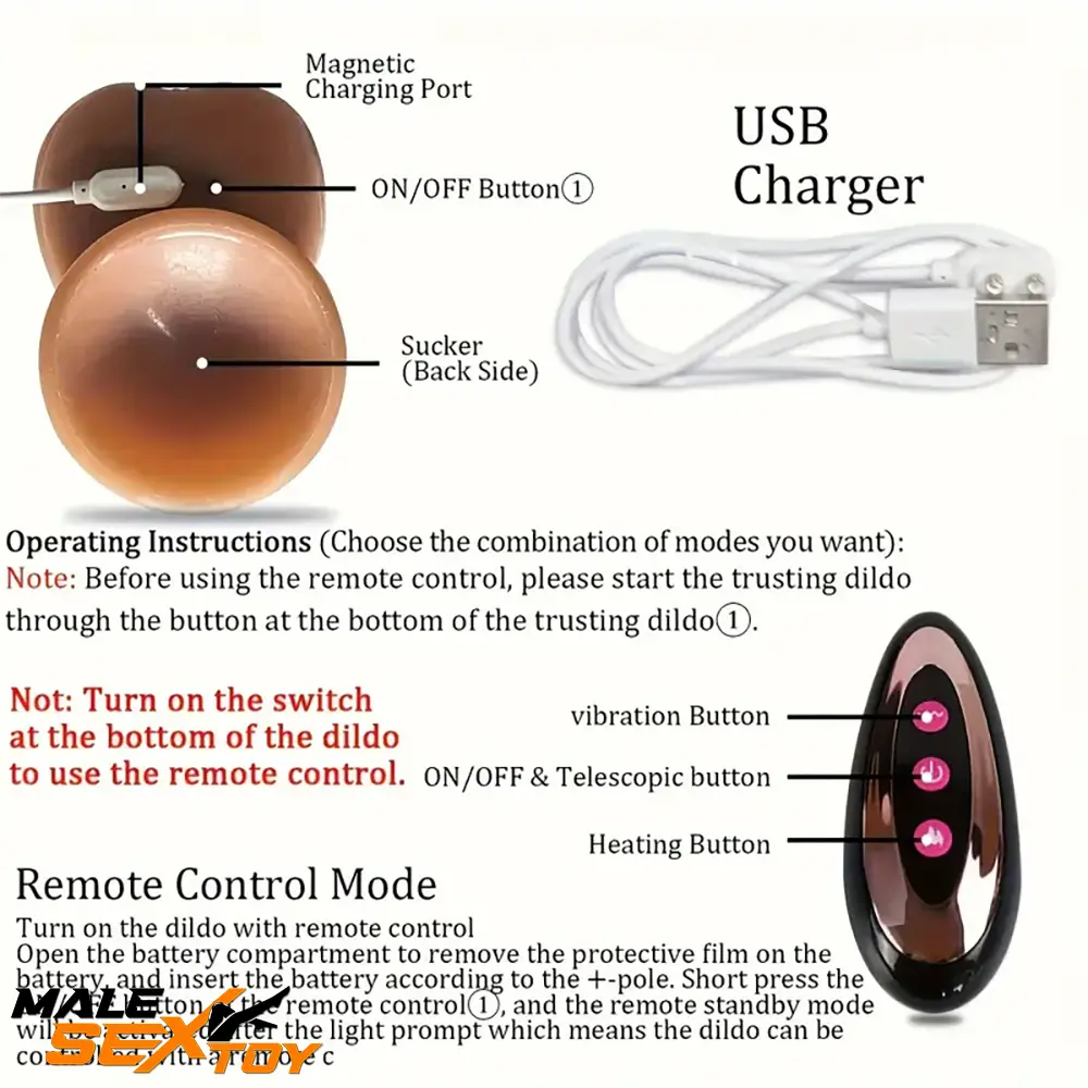 9in Ebony 4in1 Heating Thrusting Vibrating Rotation Remote Wireless Dildo Male Sex Toy