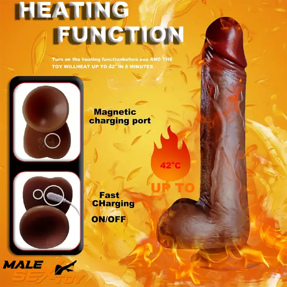 9in Ebony 4in1 Heating Thrusting Vibrating Rotation Remote Wireless Dildo Male Sex Toy