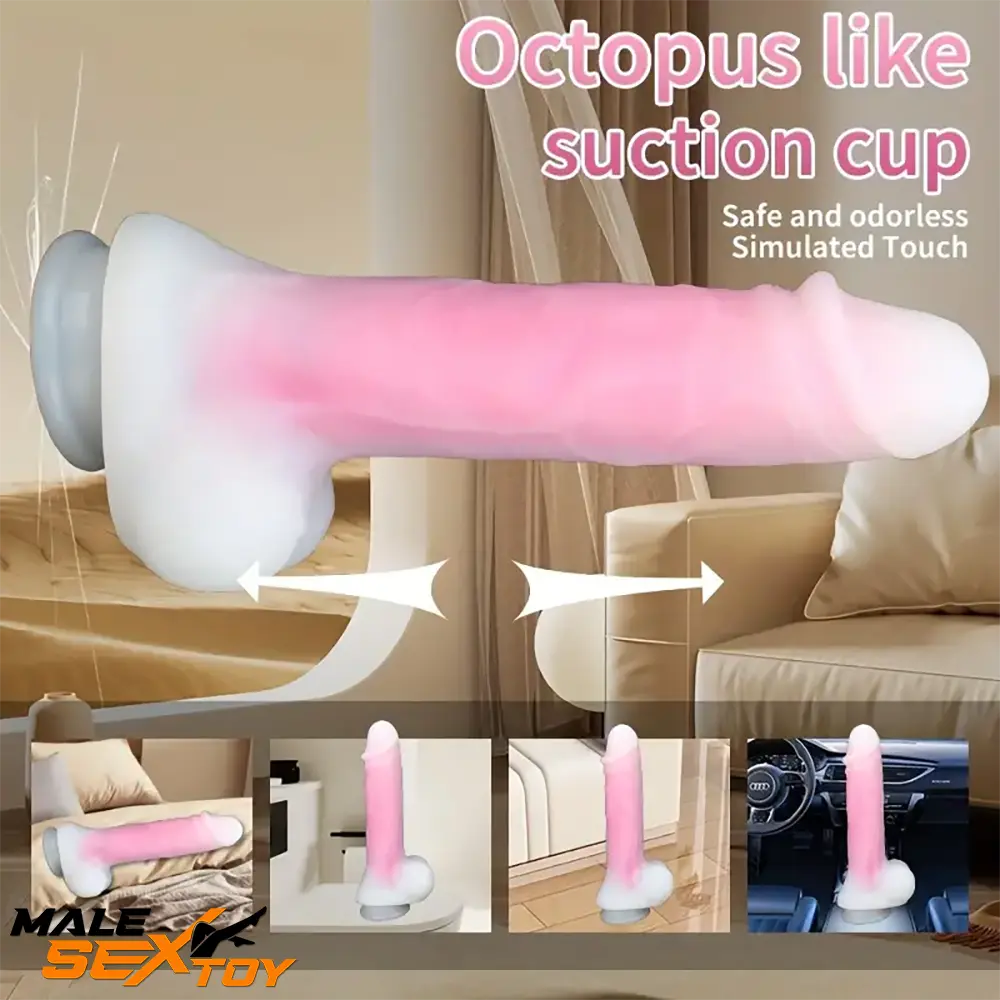 9.25in Big Silicone Soft Vibrating Heating Remote Pink White Dildo Male Sex Toy