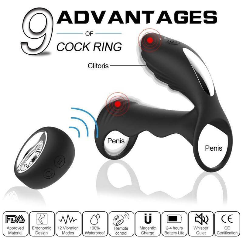Soft 12 Vibrating Modes Remote Control Cock Ring With Double Rings Male sex toy
