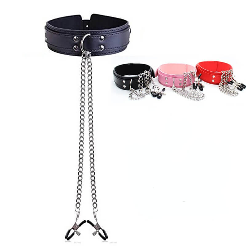 Leather Collar With Nipple Clamps Chain SM Sex Toy For Men Male sex toy