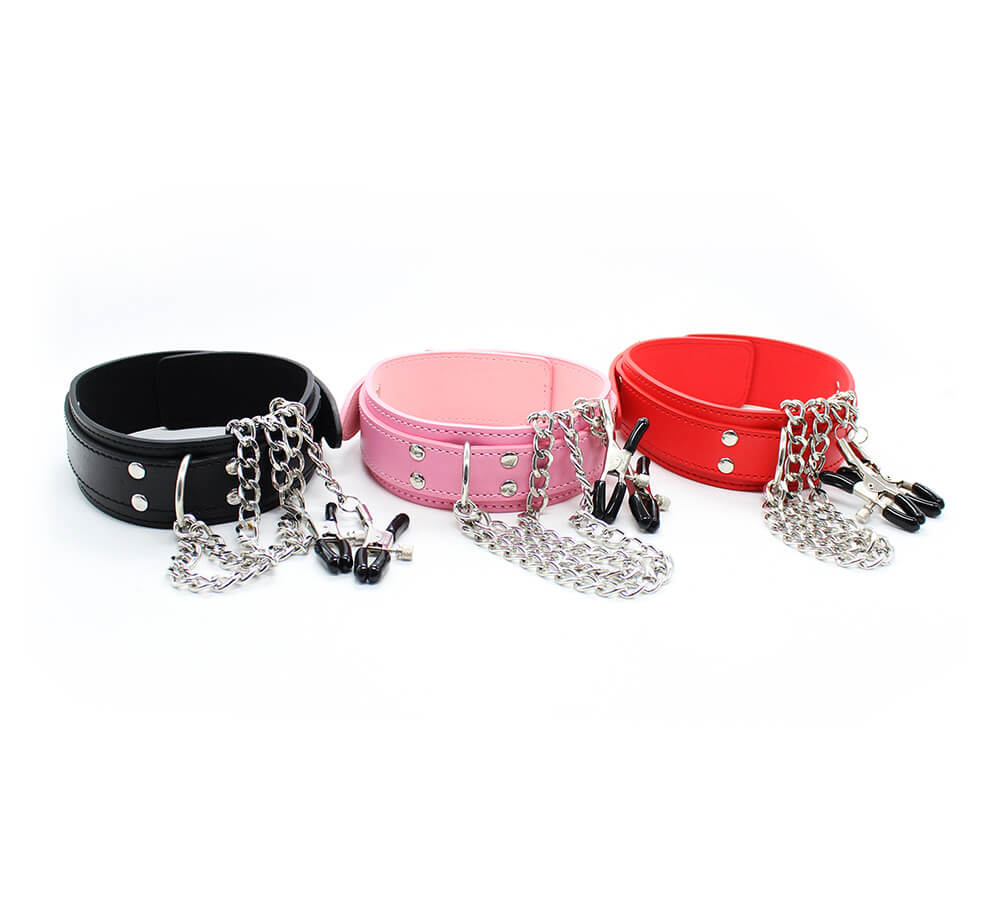 Leather Collar With Nipple Clamps Chain SM Sex Toy For Men Male sex toy