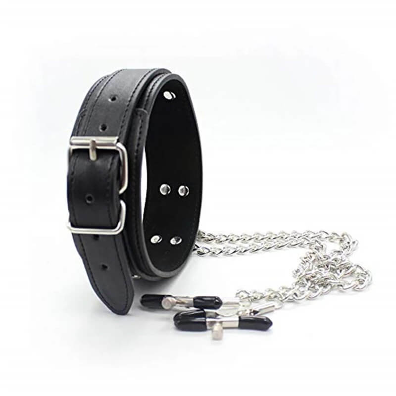 Leather Collar With Nipple Clamps Chain SM Sex Toy For Men Male sex toy