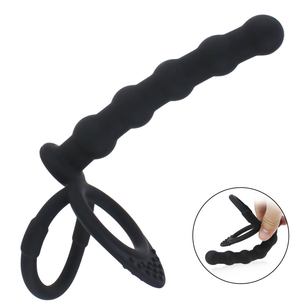 Black Double Cock Ring With Butt Plug Anal Sex Toy For Adults