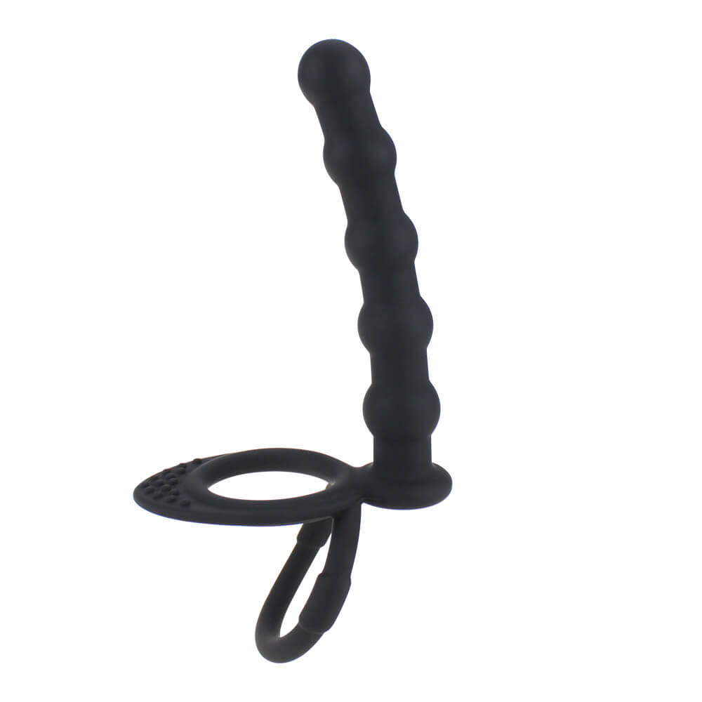 Black Double Cock Ring With Butt Plug Anal Sex Toy For Adults